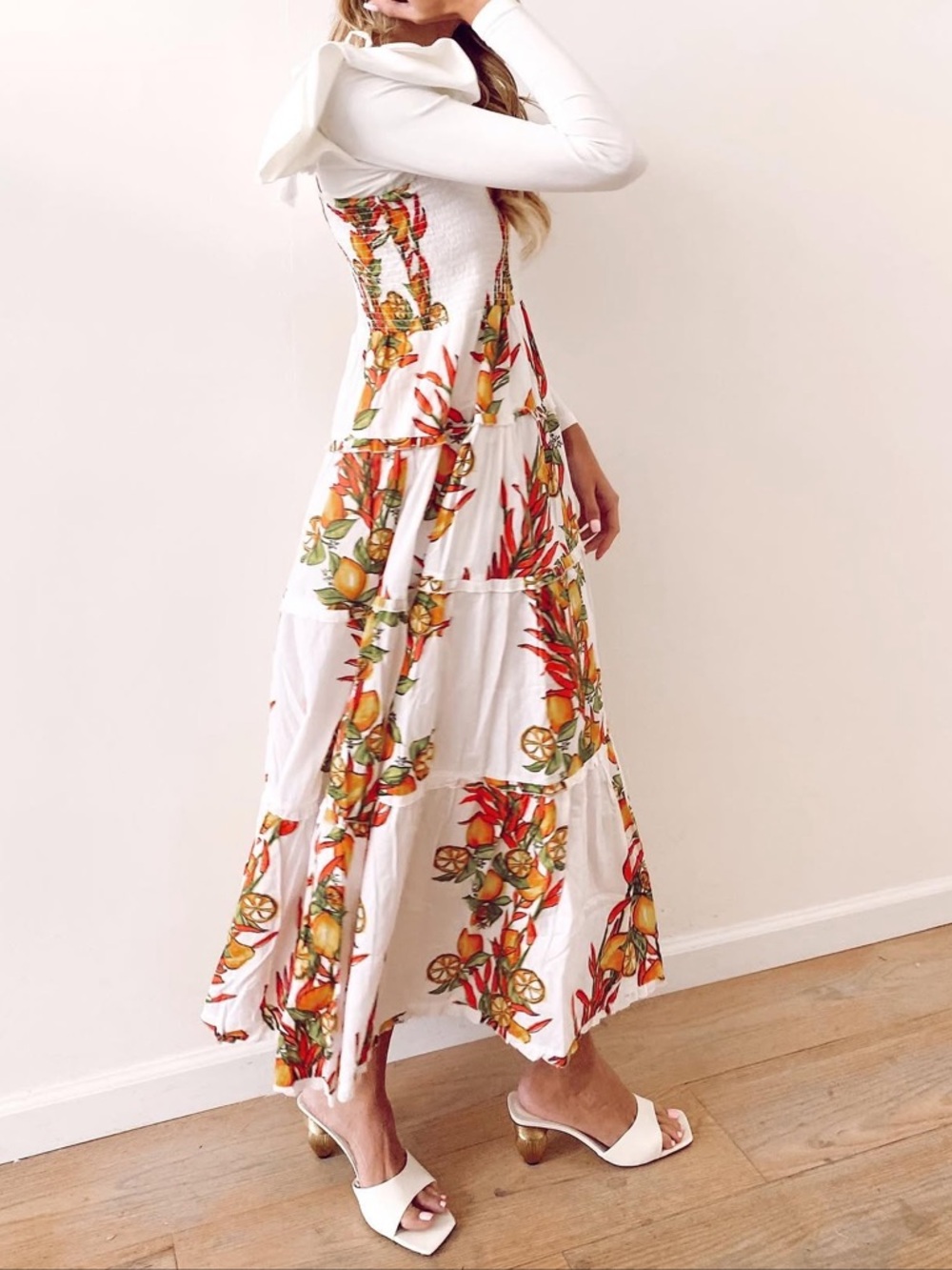 White Tiered Maxi Dress with Orange & Green Citrus Print